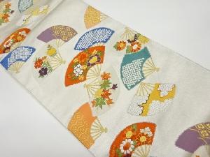 扇散らしに草花模様織出し袋帯